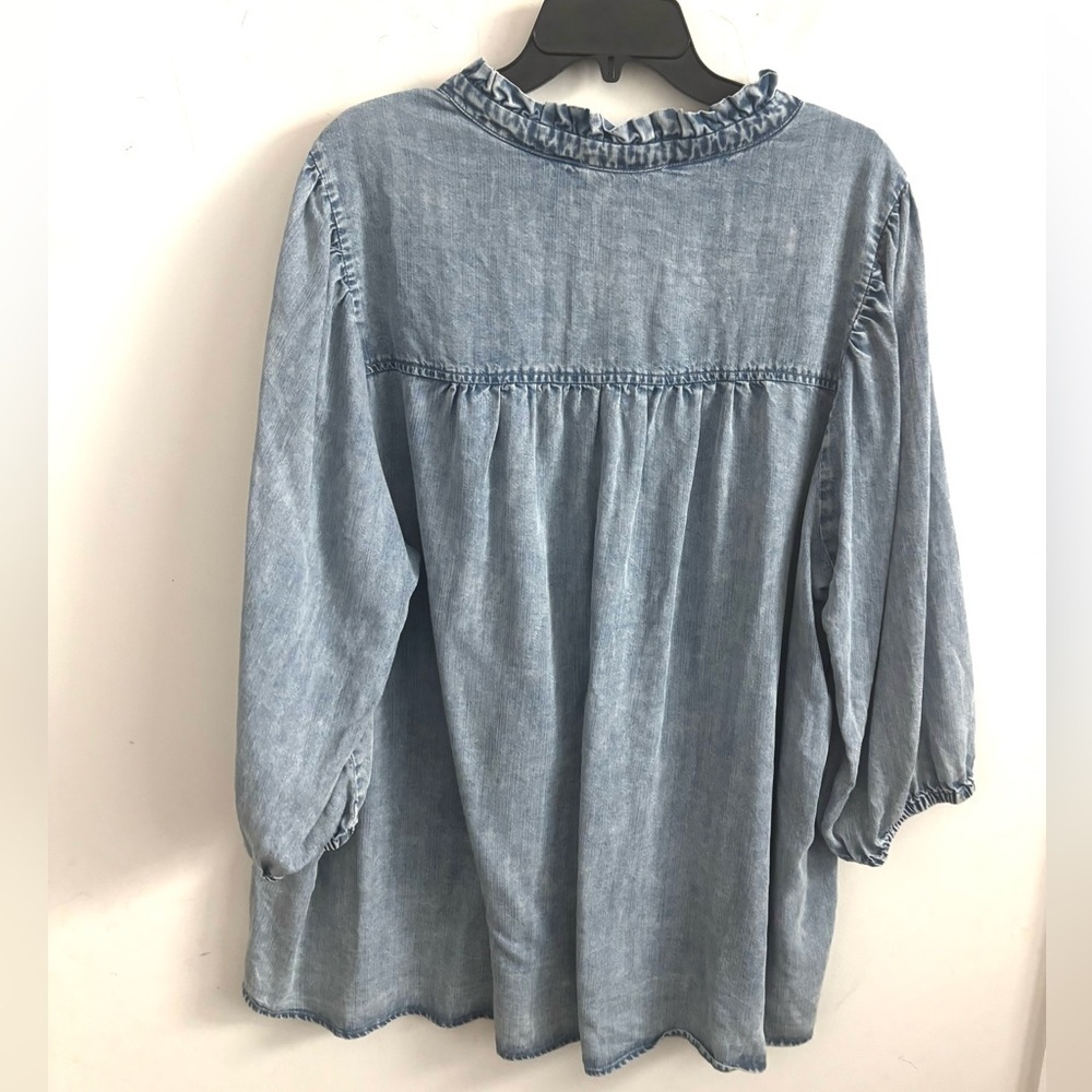 Boho Denim Shirt 3X Chambray Ruffle Button Up Peasant Cottagecore Romantic - Picture 2 of 7